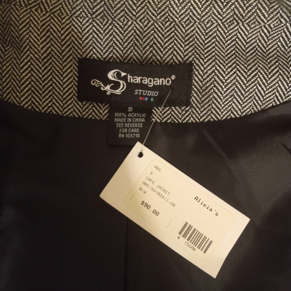 Sharagano Cape Blazer Jacket Black & White Cropped Herringbone Bell Sleeves S/34 - Picture 10 of 10